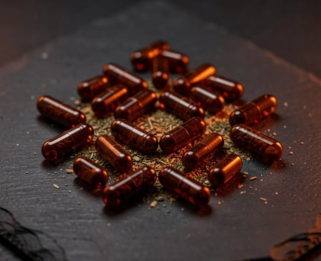 Natural capsules for strength and vitality displayed against a dark surface