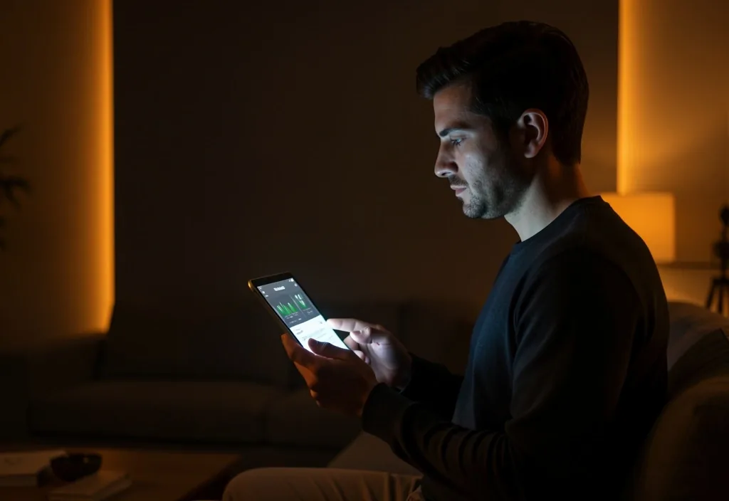 A man reviewing wellness information on a device in a low-lit room