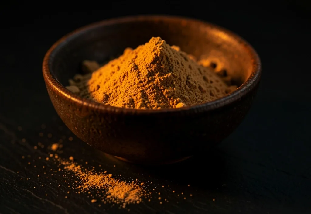 Ashwagandha root powder in dark bowl