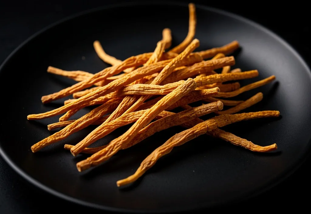Cordyceps mushroom on dark surface