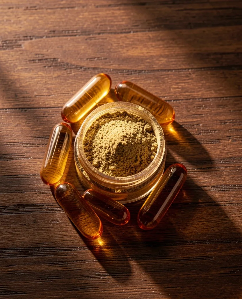 Natural supplement capsules in studio lighting