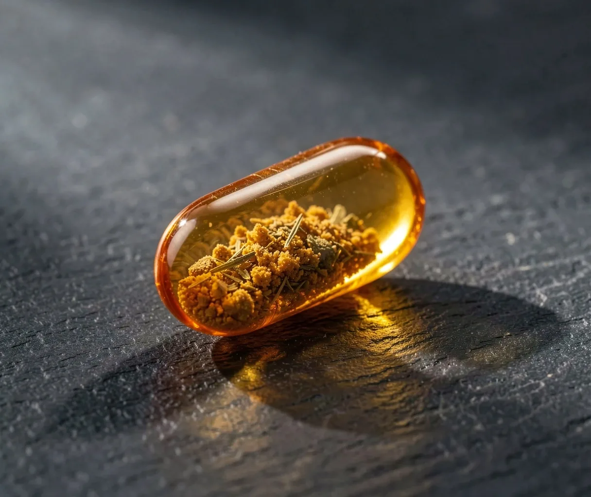 Close-up of a natural supplement capsule