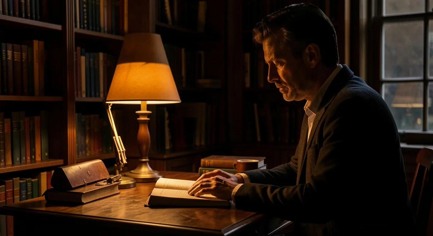 Man working in low-light environment with warm light