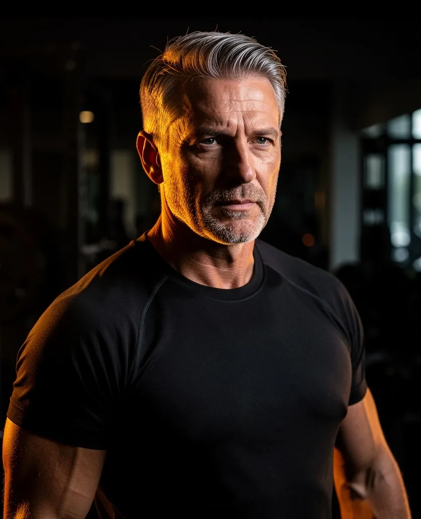 Mature man in dark athletic setting