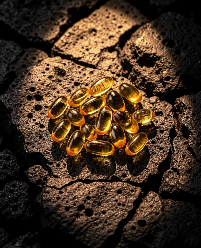Natural supplement capsules on dark surface