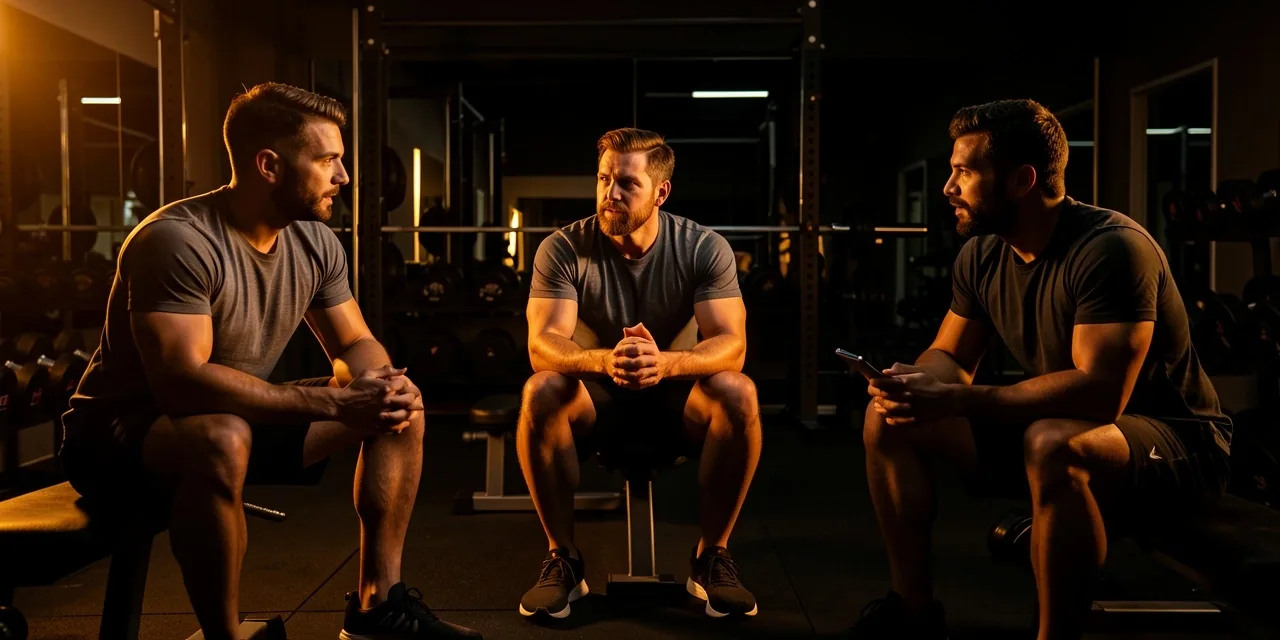 Men discussing wellness and training in a gym setting